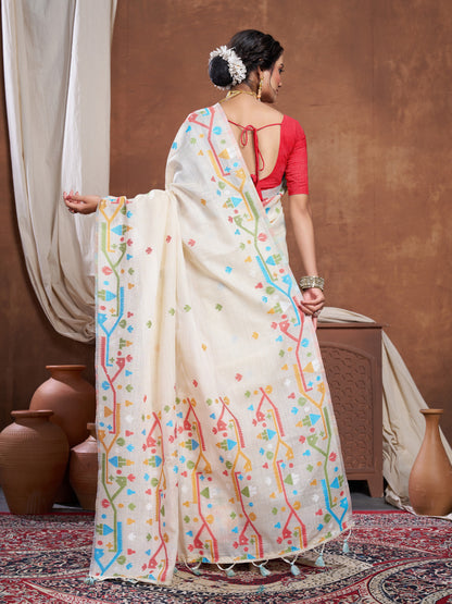 Cream Linen Jamdani Saree