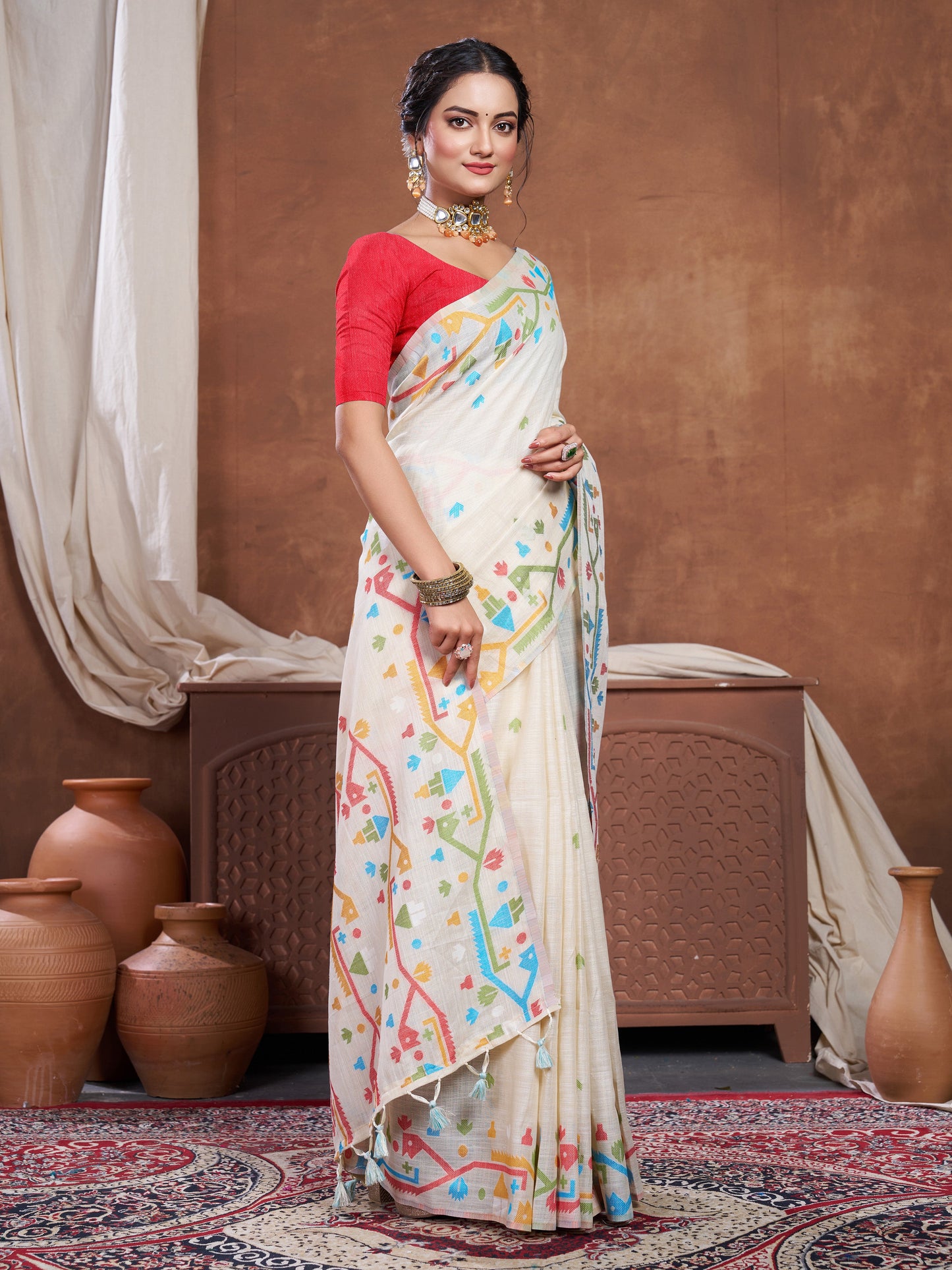 Cream Linen Jamdani Saree