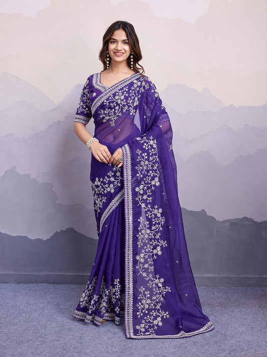 Navy Blue Soft Organza Silk Sequins Work Saree