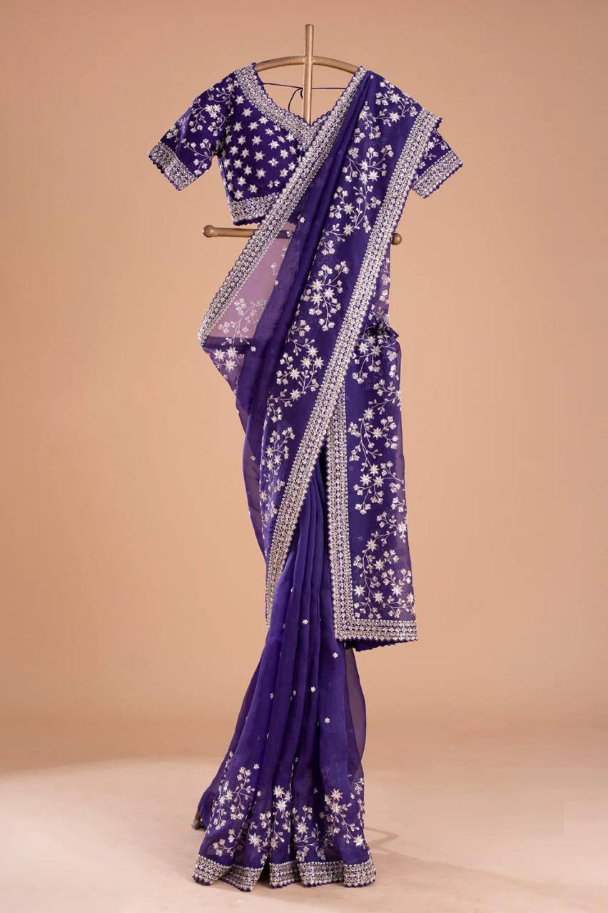 Navy Blue Soft Organza Silk Sequins Work Saree