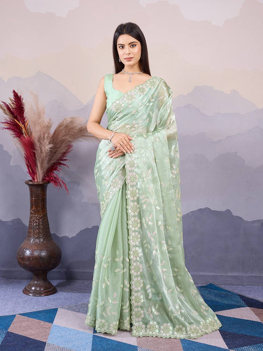 Sea Green Burberry Silk Embroidery Sequins Saree