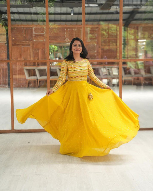 Yellow Embroidery Work Ready To Wear Lehenga