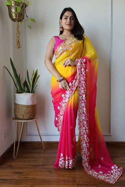 Yellow & Red Shaded Effect Georgette Saree