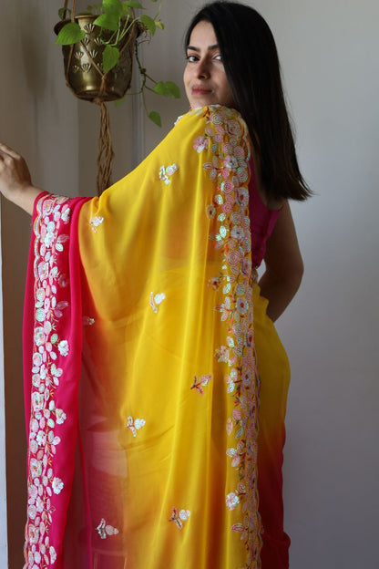 Yellow & Red Shaded Effect Georgette Saree