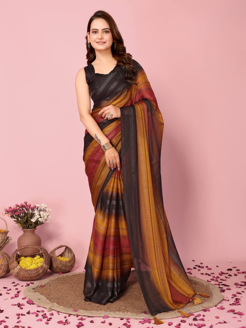 1-Minute Ready To Wear Rangoli Silk Saree (Yellow)