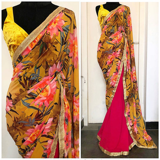 Yellow Color Digital printed Color Georgette Saree