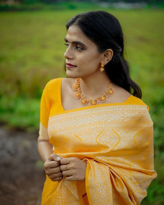 Yellow Pure Soft Silk Saree With Lovely Blouse Piece